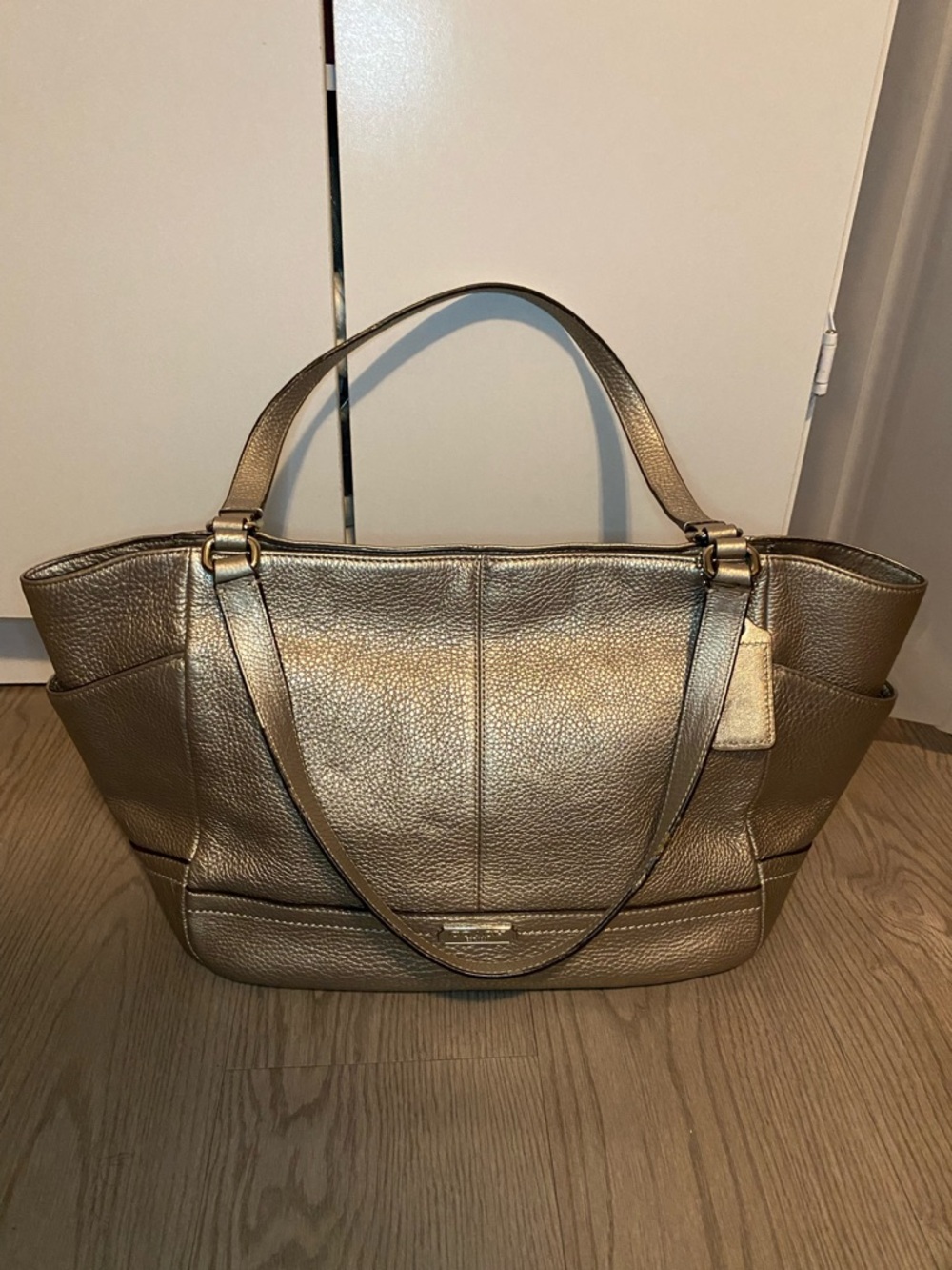 Coach Park Carrie Metallic Champagne Gold Pewter Leather Tote F23284